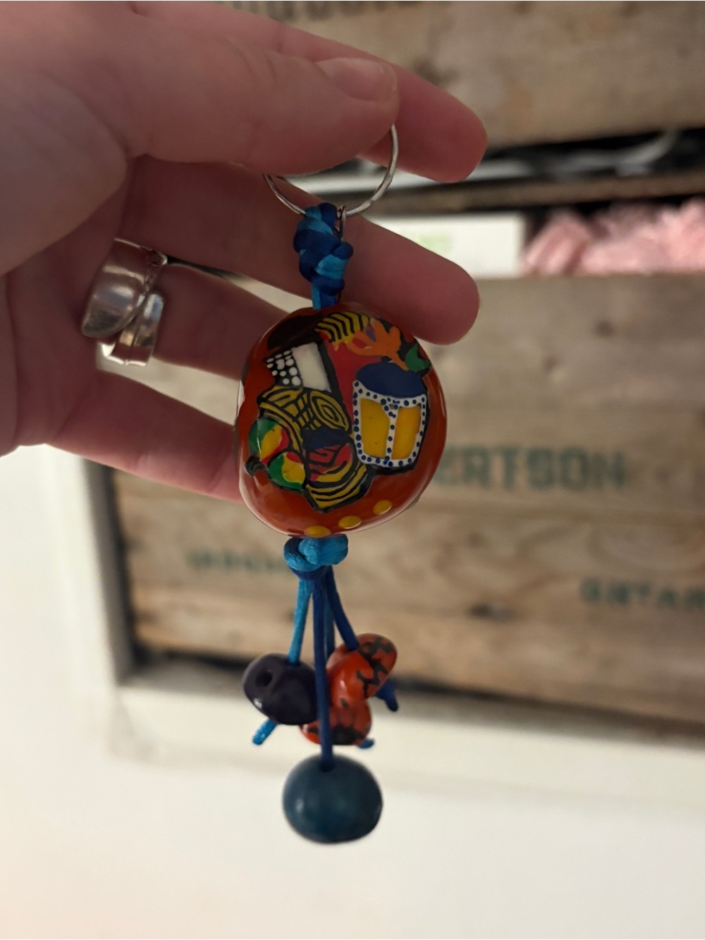 Hand-painted Colombian Tagua Nut Keychain - Artisan Boho Bag Charm